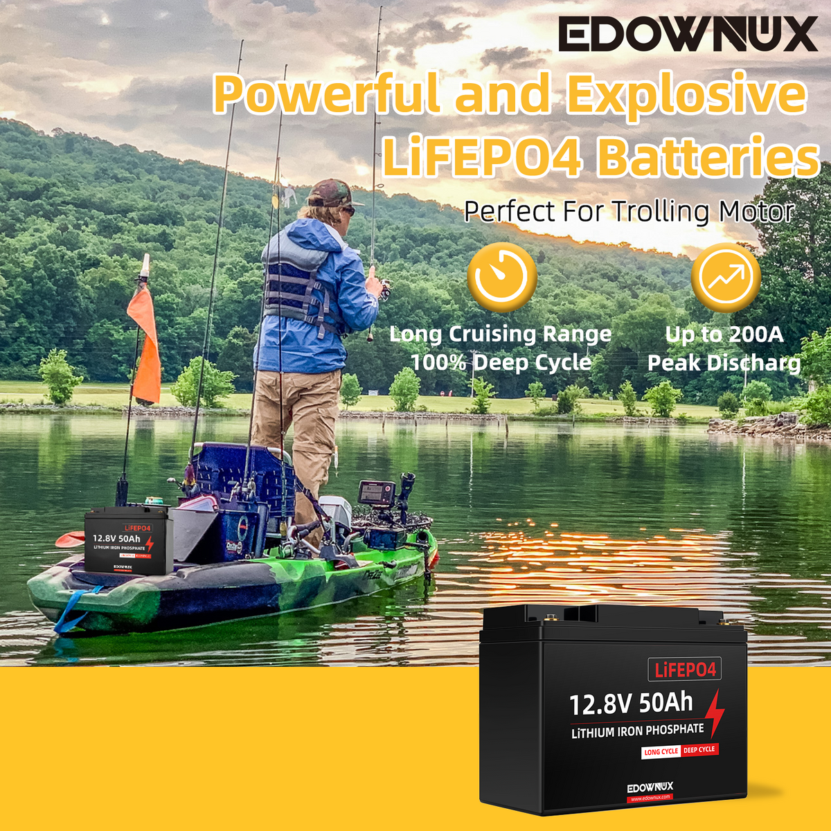 Edownux 12v 50Ah LIFEPO4 Battery BMS 50A 640W, 100% Deep cycle, Trolling Motor